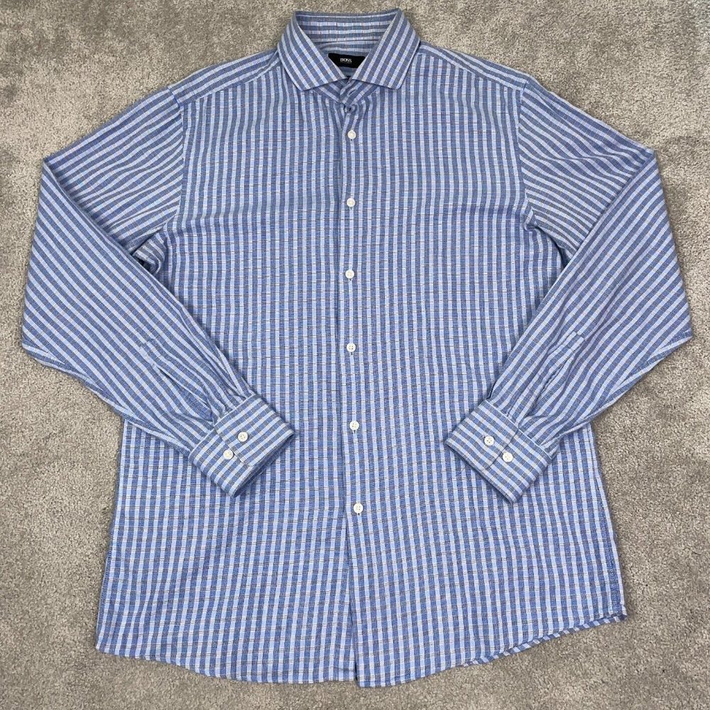 Hugo Boss Dress Shirt Mens 16.5 34/35 Blue Check Sharp Fit Long Sleeve Button Up - Picture 2 of 12